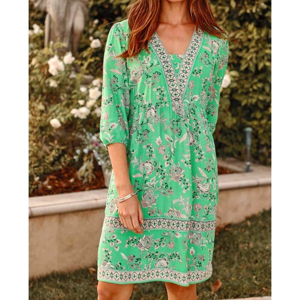 J.Jill Border Printed Mini Dress in Green with Jacobean Design XL